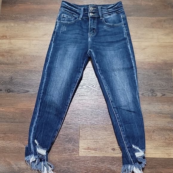 KanCan Dark Blue Frayed Hem Estillo Cropped Jeans - Picture 1 of 9